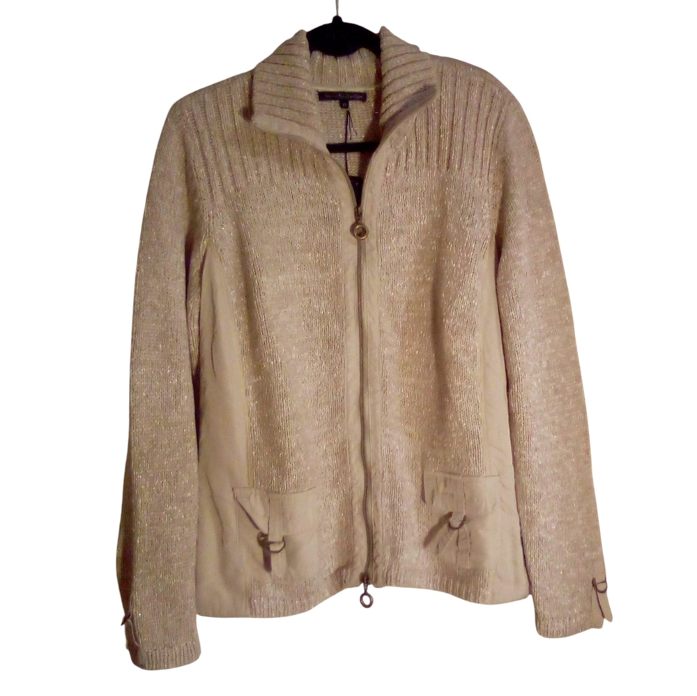 PIERRI New York Cardigan 2X Chunky Cotton Long Sleeves Full Zipper Tan Beige